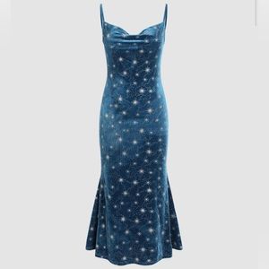 Velvet Cowl Neck Star Pattern Mermaid Maxi Dress